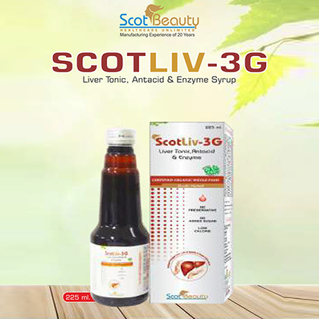 Product Name: Scotliv 3G, Compositions of Scotliv 3G are Liver Tonic Antiacid & Enzyme Syrup - Scothuman Lifesciences