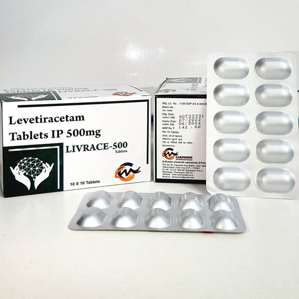 Product Name: Livrace 500, Compositions of Livrace 500 are Levetiracetam Tablets IP 500 mg - Aseric Pharma