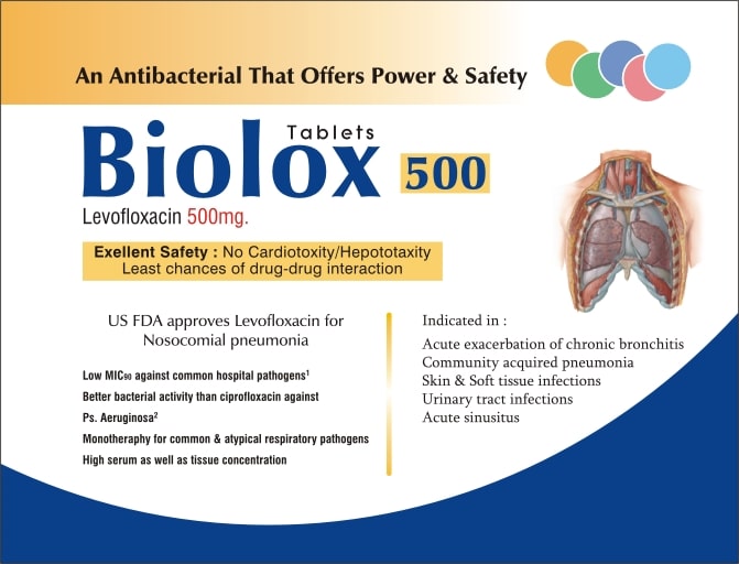 Product Name: Biolox, Compositions of Biolox are Levofloxacin 500mg - Biotropics Formulations