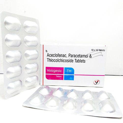 Product Name: Voizgesic TH, Compositions of Voizgesic TH are Aceclofenac 100mg+THIOCHOLICOSIDE+Paracetamol 325mg - Voizmed Pharma Private Limited