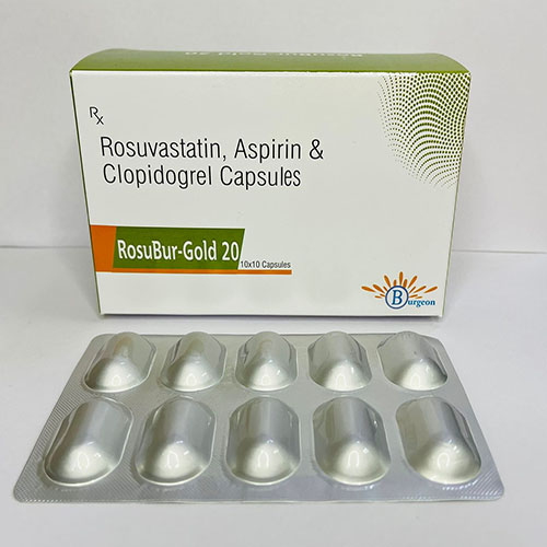 Product Name: RosuBur Gold 20, Compositions of RosuBur Gold 20 are Rosuvastatin,Aspirin & Clopidogre Capsules - Burgeon Health Series Pvt Ltd