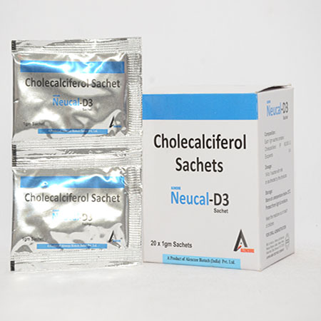 Product Name: NEUCAL D3 SACHET, Compositions of NEUCAL D3 SACHET are Cholecalciferol Sachets - Alencure Biotech Pvt Ltd