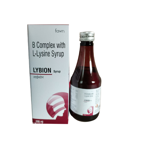 Product Name: LYBION, Compositions of Thiamine Hcl. 10mg +Pyridoxine Hcl. 3mg + Cyanocobalamine 15mcg +D Panthenol 5mg + L Lysine Hcl. 150 mg Syrup are Thiamine Hcl. 10mg +Pyridoxine Hcl. 3mg + Cyanocobalamine 15mcg +D Panthenol 5mg + L Lysine Hcl. 150 mg Syrup - Fawn Incorporation