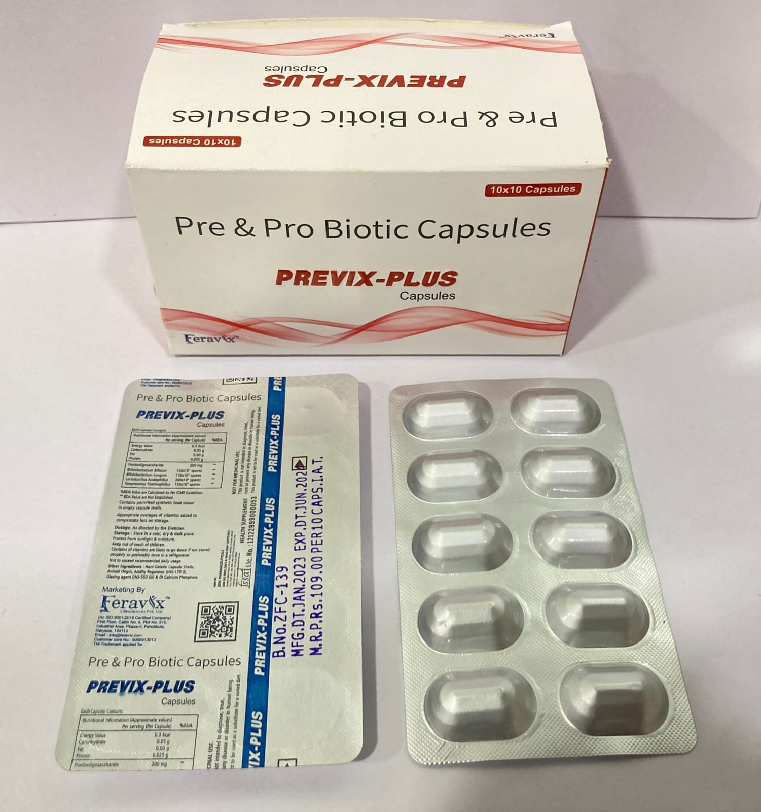 Product Name: PREVIX PLUS Capsules, Compositions of PREVIX PLUS Capsules are PROBIOTIC, PREBIOTIC CAPSULE - Feravix Lifesciences