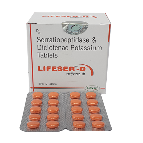 Product Name: Lifeser D, Compositions of Lifeser D are Serratiopeptidase & Diclofenac Potassium Tablets - Lifecare Neuro Products Ltd.