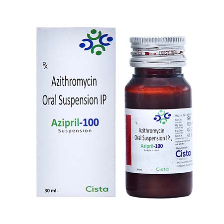 Product Name: AZIPRIL 100, Compositions of AZIPRIL 100 are Azithromycin Oral Suspension IP - Cista Medicorp