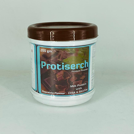 Product Name: Protiserch, Compositions of Protiserch are Milk Protein with choclate Flavour Dha Biotin - Biodiscovery Lifesciences Pvt Ltd