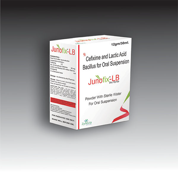 Product Name: Junofix LB, Compositions of Junofix LB are Cefixime and Lactic Acid Bacillus for Oral Suspension - Zynovia Lifecare