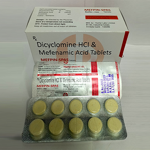 Product Name: Mefpin Spas, Compositions of Mefpin Spas are Dicyclomine HCI & Mefenamic Acid Tablets - Pinamed Drugs Private Limited