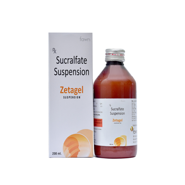 Product Name: ZETAGEL O, Compositions of ZETAGEL O are Sucralfate 1gm+ Oxetacaine 20 mg. - Fawn Incorporation