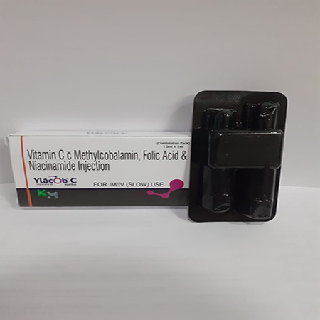 Product Name: YLACOB C, Compositions of YLACOB C are Vitamin C Methylcobalamin, Folic Acid & Niacinamide Injection - Kryptomed Formulations Pvt Ltd