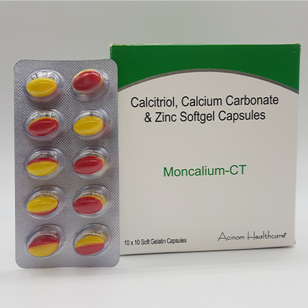 Product Name: Moncalium CT, Compositions of Moncalium CT are Calcitriol, Calcium Carbonate and Zinc Softgel Capsules - Acinom Healthcare