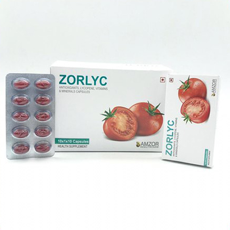 Product Name: Zorlyc, Compositions of Zorlyc are Antioxidant Lycopene Vitamins & Minerals Capsules - Amzor Healthcare Pvt. Ltd