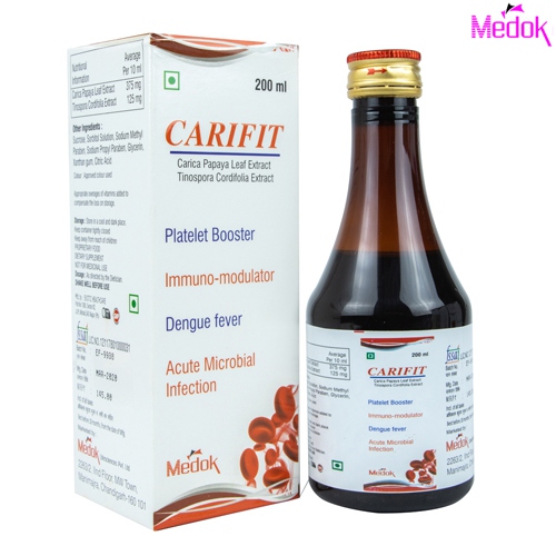 Product Name: Carifit, Compositions of Carifit are Carica papaya leaf extract 1100 MG - Medok Life Sciences Pvt. Ltd
