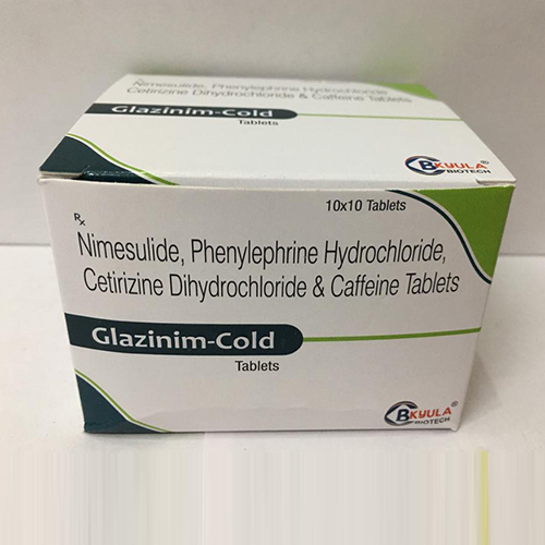 Product Name: Glazinim Cold, Compositions of Glazinim Cold are Nimesulide, Phenylephrine Hydrochloride, Cetirizine Dihydrochloride And Caffeine Tablets - Bkyula Biotech