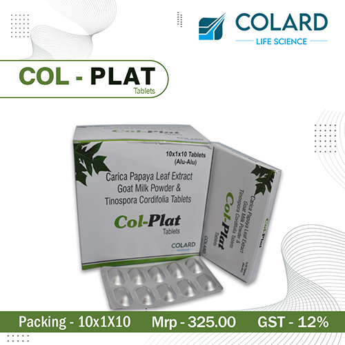Product Name: COL   PLAT, Compositions of COL   PLAT are Carica Papaya Leaf Extract Goat Milk Powder & Tinospora cordifolia Tablets - Colard Life Science