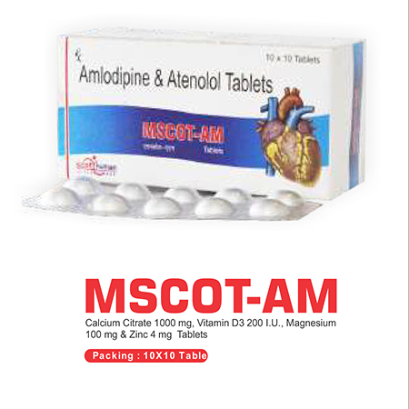 Product Name: Mscot AM, Compositions of Mscot AM are Amlodipine  & Atenolol Tablets  - Scothuman Lifesciences
