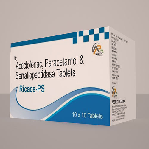 Product Name: Ricace PS, Compositions of Ricace PS are Aceclofenac, Paracetamol & Serratiopeptidase Tablets - Aseric Pharma