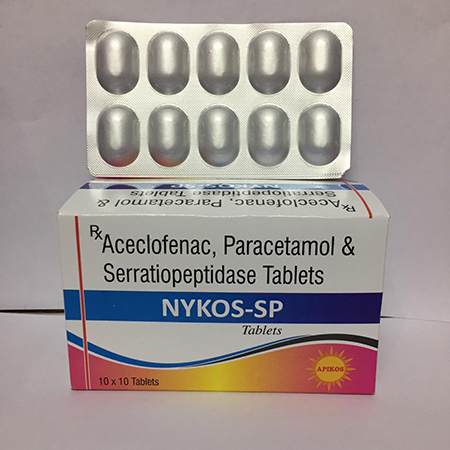Product Name: NYKOS SP, Compositions of NYKOS SP are Aceclofenac, Paracetamol & Serratiopeptidase Tablets - Apikos Pharma