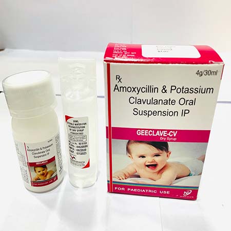 Product Name: GEECLAV CV, Compositions of GEECLAV CV are Amoxycillin & Potassium Clavulanate Oral Suspension IP - Acinom Healthcare