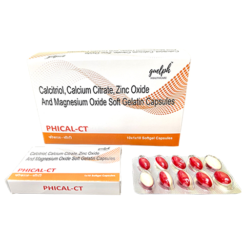 Product Name: Phical CT, Compositions of Phical CT are Calcitriol, Calcium Citrate, Zinc Oxide & Magnesium Oxide Soft Gelatin Capsules - Guelph Healthcare Pvt Ltd