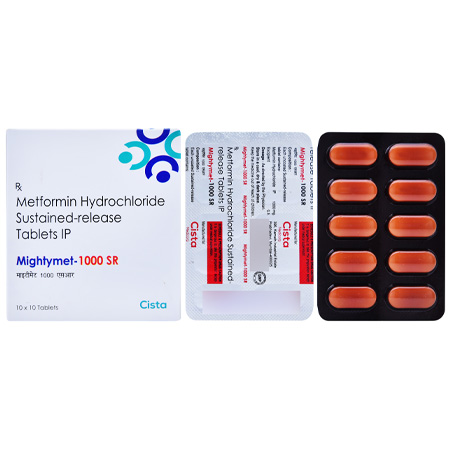 Product Name: MIGHTYMET 1000SR, Compositions of MIGHTYMET 1000SR are Metformin HCL Sustained Release Tablets IP - Cista Medicorp