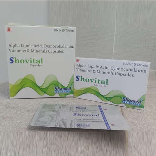 Product Name: Shovital, Compositions of Shovital are Alpha Lipoic Acid, Cyanocobalamin,Vitamins and Minerals Capsules - Jonathan Formulations