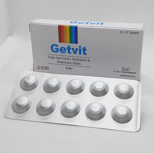 Product Name: Getvit, Compositions of Getvit are Grape Seed Extract, Multivitamin & Multimineral - G N Biotech