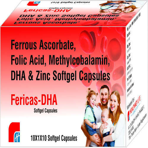Product Name: FERICAS DHA, Compositions of FERICAS DHA are Ferrous Ascrobate, Folic Acid, Methylcobalamin, DHA & Zinc Softgel Capsules - Healthkey Life Science Private Limited