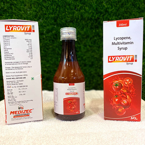 Product Name: Lyrovit, Compositions of Lyrovit are Lycopene,Multivitaminal Syrup - Medizec Laboratories