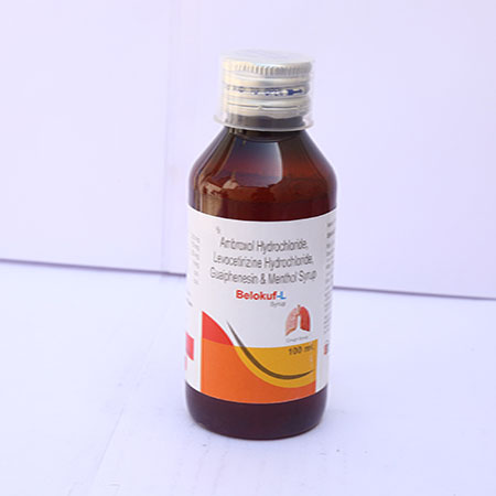 Product Name: Belokuf L, Compositions of Belokuf L are Ambroxol Hydrochloride Levocetirizine Hydrochloride Guaiphenesin & Menthol Syrup - Eviza Biotech Pvt. Ltd