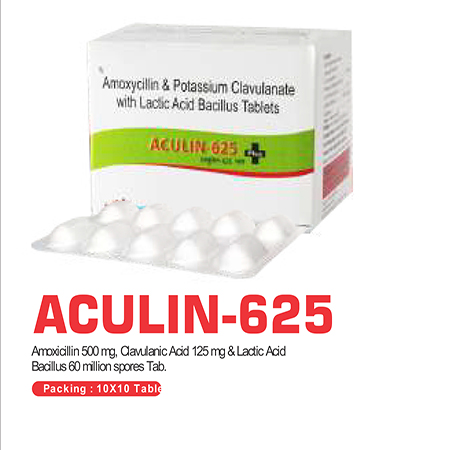 Product Name: Aculin 625, Compositions of Aculin 625 are Amoxylin & Potassium Clavulanate with Lactic Acid Basillus Tablets - Scothuman Lifesciences