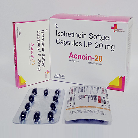 Product Name: Acnoin 20, Compositions of Acnoin 20 are Isotretinoin Softgel Capsules IP 20 mg - Ronish Bioceuticals