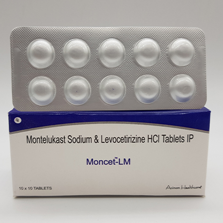 Product Name: Moncet LM Tablets, Compositions of Moncet LM Tablets are Montelukast Sodium and Levocetirizine Hydrochloride tablets IP - Acinom Healthcare