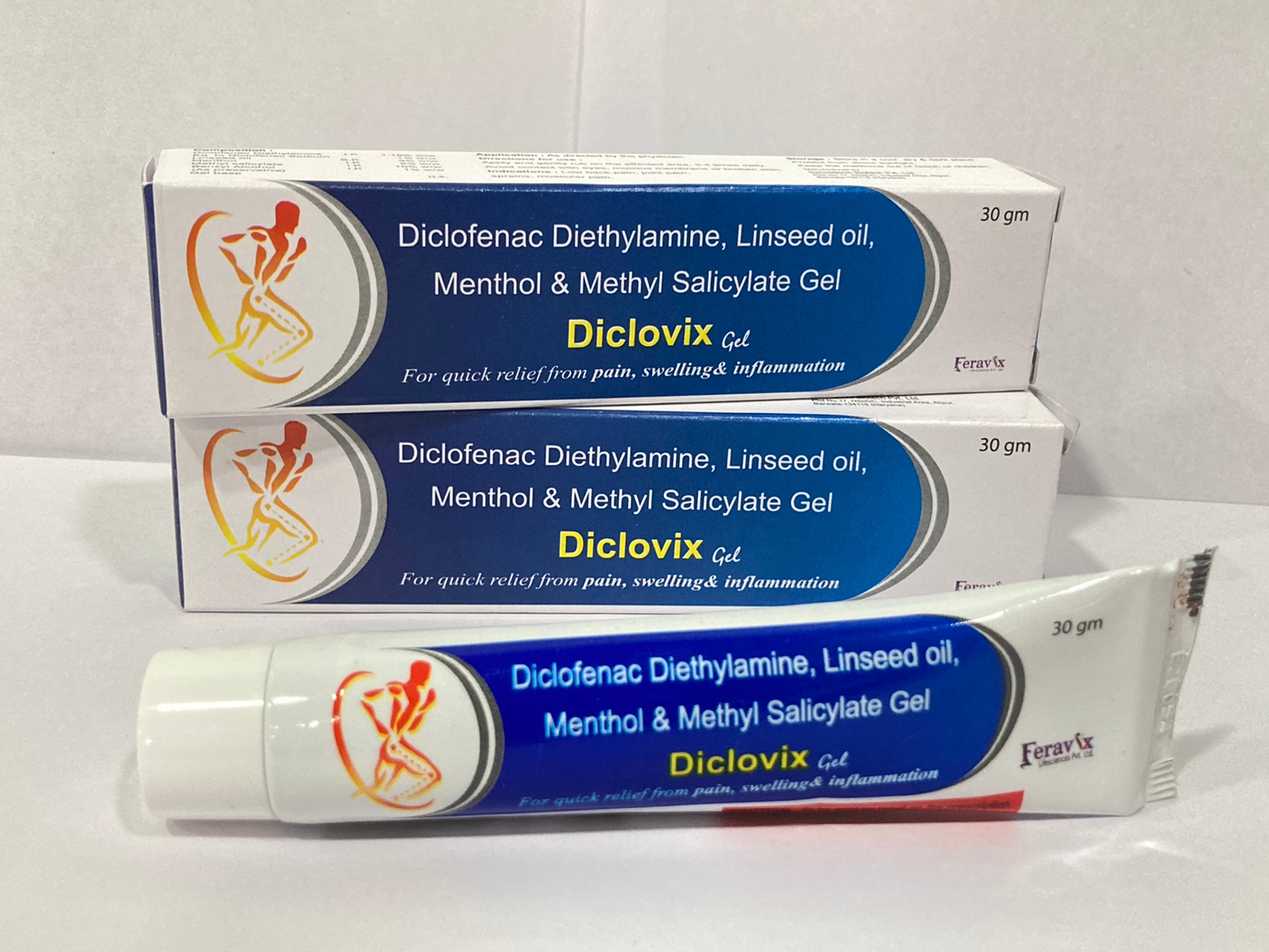 Product Name: DICLOVIX Gel, Compositions of DICLOVIX Gel are DICLOFENAC SODIUM BP/IP 1% W/W, METHYL SALICYLATE IP 10% W/W, MENTHOL IP 5% W/W, BENZYL ALCOHOL (AS PRESERVATIVE) IP 1% W/W, IN A WATER WASHABLE BASE GEL - Feravix Lifesciences