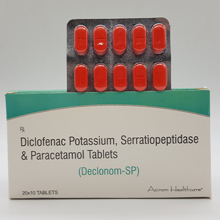 Product Name: Declonom SP, Compositions of Declonom SP are Diclofenac Potassium, Serratiopeptidase and Paracetamol Tablets - Acinom Healthcare
