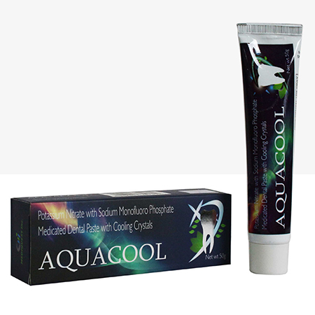 Product Name: AQUACOOL, Compositions of AQUACOOL are Potassium Nitrate with Sodium Monofluro Phosphate Medicated Dental Paste Cooling Crystal - Mediquest Inc