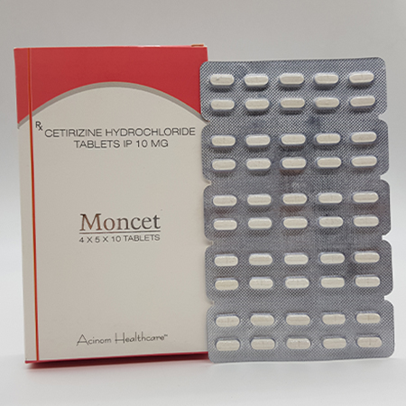 Product Name: Moncet, Compositions of Moncet are Cetirizine hydrochloride Tablets IP 10mg - Acinom Healthcare