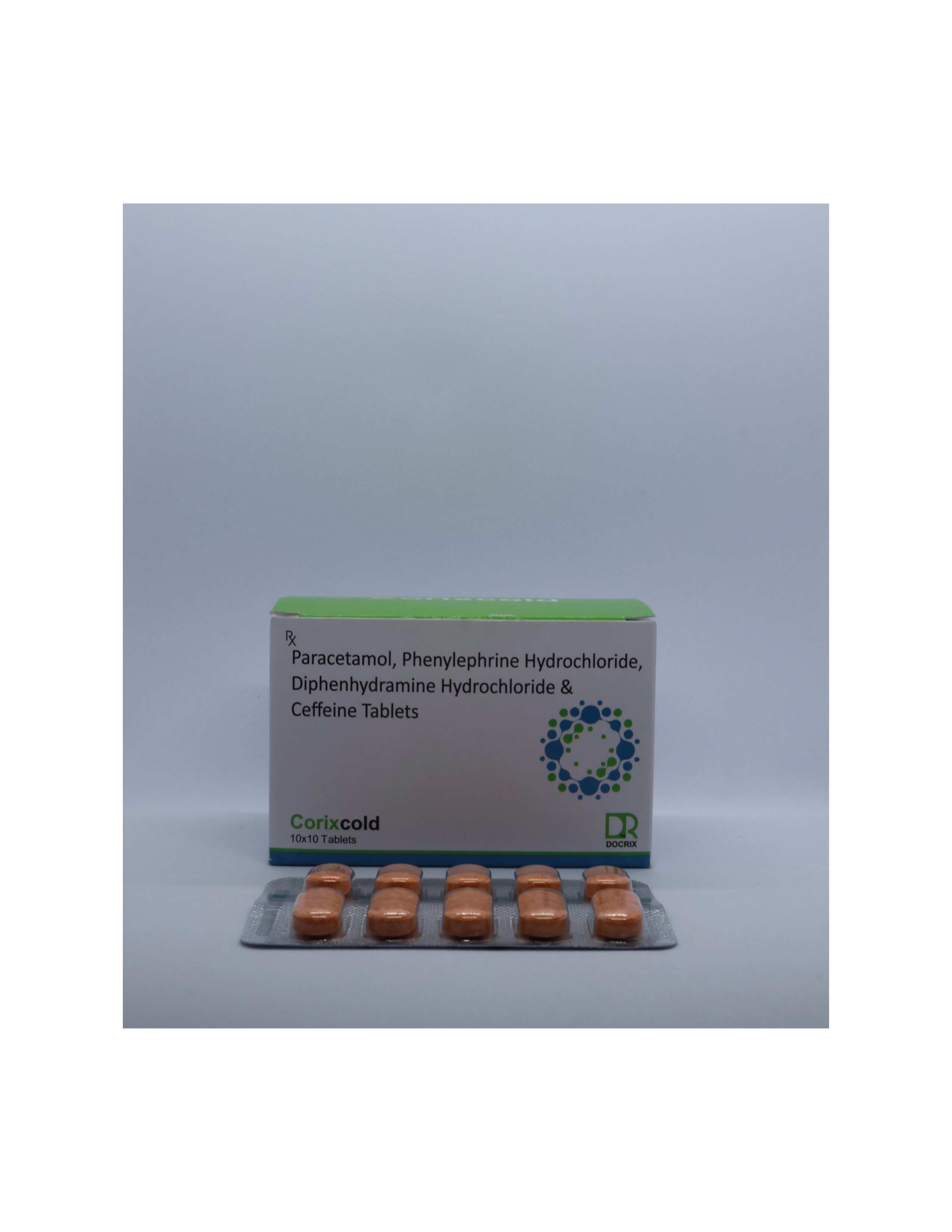Product Name: Corixcold, Compositions of Corixcold are Paracetamol Phenylephrine Hydrochloride, Diphenhydramine Hydrochloride & Ceffeine Tablets - Docrix Healthcare