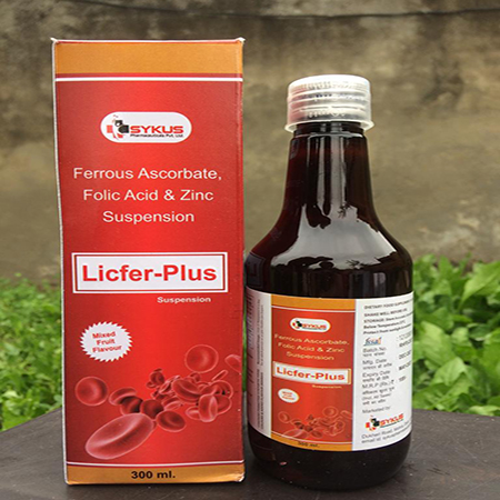 Product Name: Licfer Plus, Compositions of Licfer Plus are Ferrous Ascorbate, Folic Acid and Zinc Suspension - Sykus Pharmaceuticals Private Limited