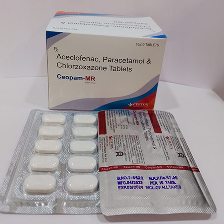 Product Name: Ceopam MR, Compositions of Ceopam MR are Aceclofenac,Paracetamol  & Chlorzaxazone Tablets - Ceetox HealthCare Private Limited
