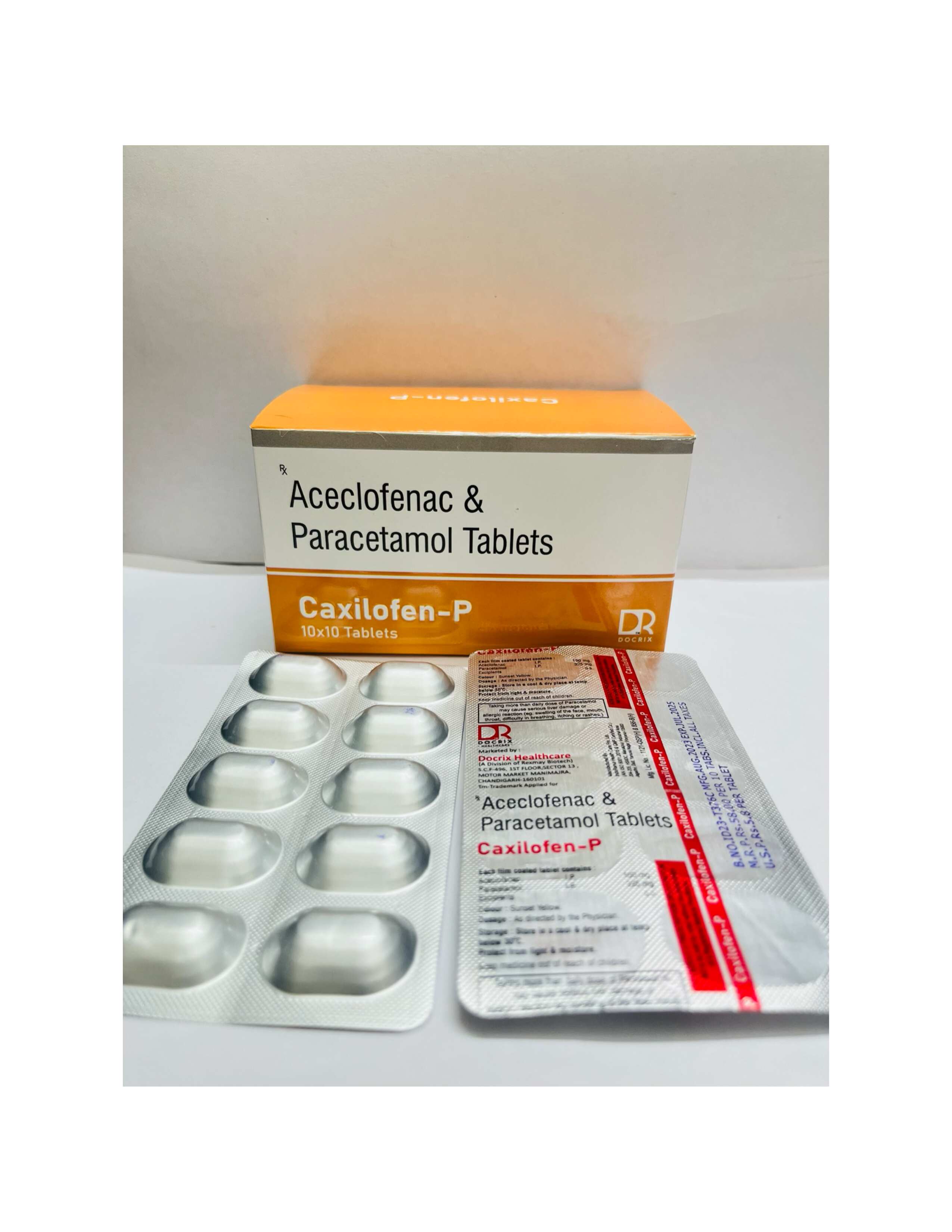 Product Name: Caxilofen p, Compositions of Caxilofen p are Aceclofenac & Paracetamol Tablets - Docrix Healthcare