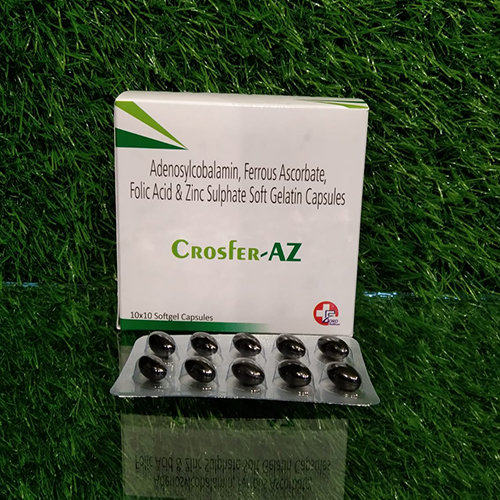 Product Name: Crosfer AZ, Compositions of Crosfer AZ are Adenosylcobalamin,Ferrous Ascorbate Folic Acid & Zinc Sulphate Soft Gelatin Capsules - Crossford Healthcare