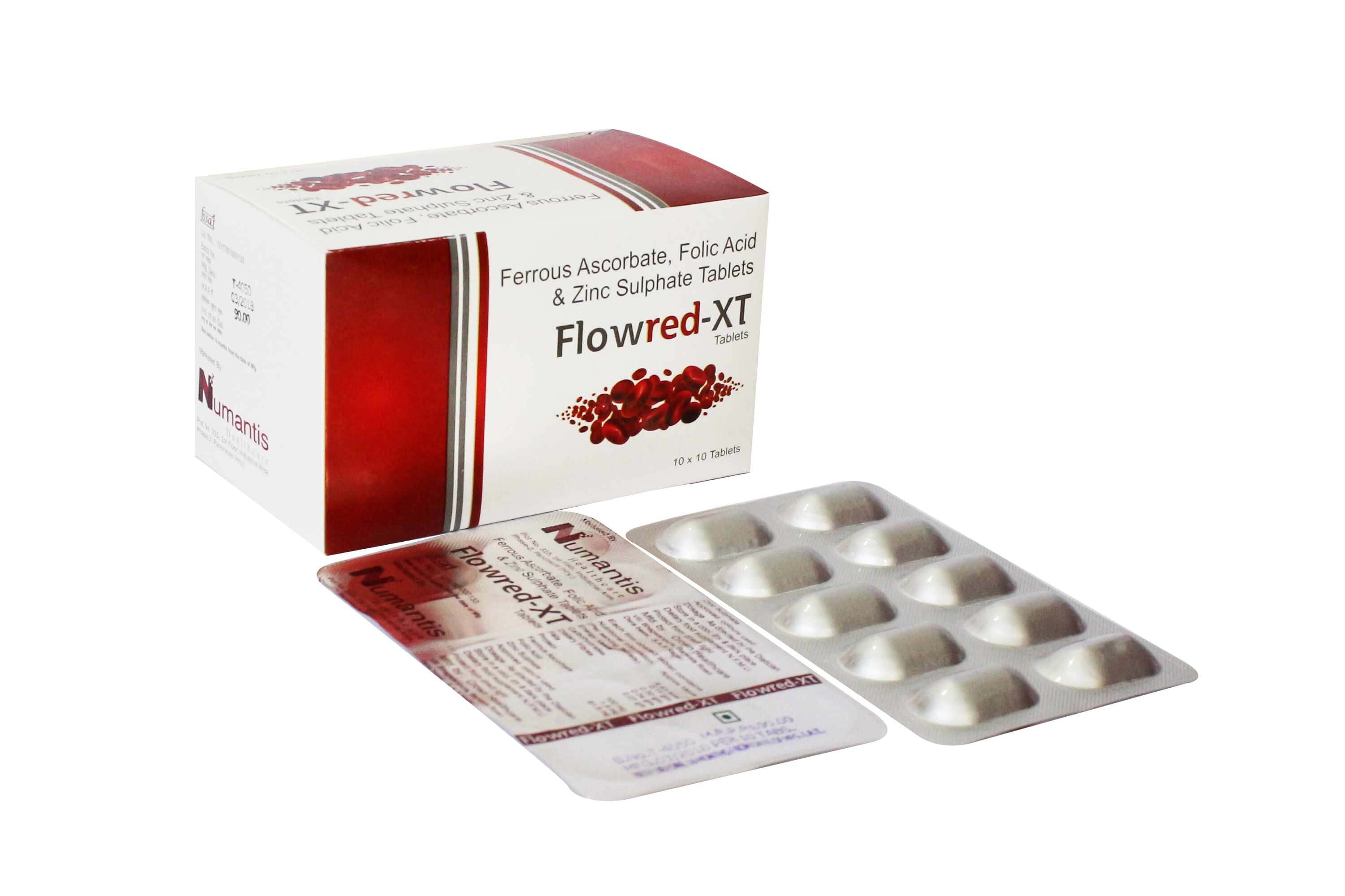Product Name: Flowred XT, Compositions of Flowred XT are Ferrous Asrobate Folic Acid & Zinc Sulphate Tablets - Numantis Healthcare