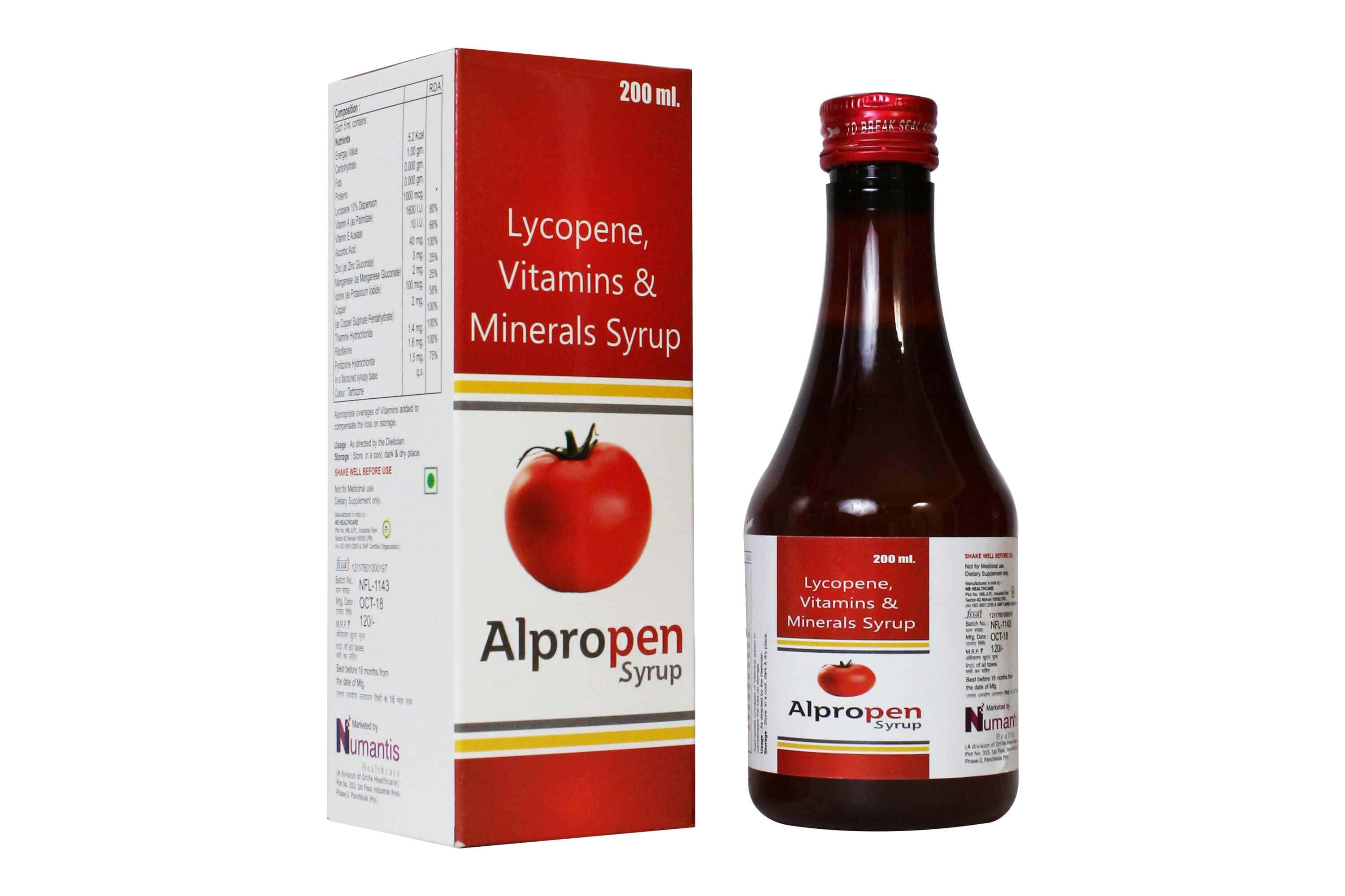 Product Name: Alpropen Syrup, Compositions of Alpropen Syrup are Lycopene, Vitamin & Minerals Syrups - Numantis Healthcare