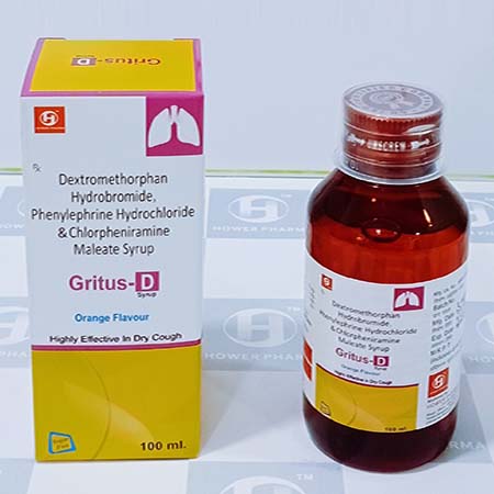 Product Name: Gritus D, Compositions of Gritus D are Dextromethorphan Hydrobromide,Phenylephrin Hydrochloride & Chlorpheniramine Maleate Syrup - Hower Pharma Private Limited