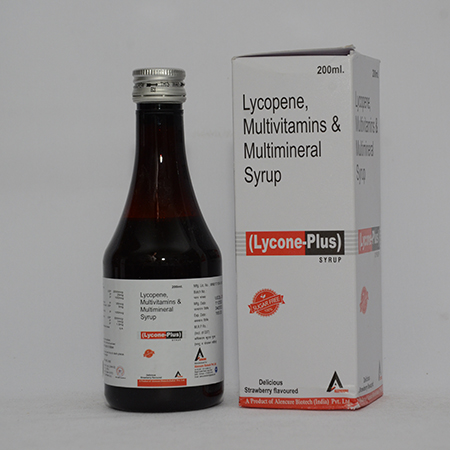Product Name: LYCONE PLUS, Compositions of LYCONE PLUS are Lycopene, Multivitamins & Multimineral Syrup - Alencure Biotech Pvt Ltd