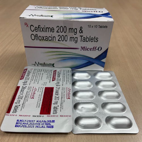 Product Name: MICEFF O, Compositions of MICEFF O are CEFIXIME 200 MG & oFLOXACIN 200 MG tABLETS - Medicure LifeSciences