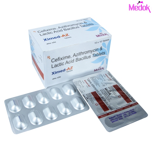 Product Name: Ximed AZ, Compositions of Ximed AZ are Cefixime Azithromycin & lactic acid bacillus tablets - Medok Life Sciences Pvt. Ltd