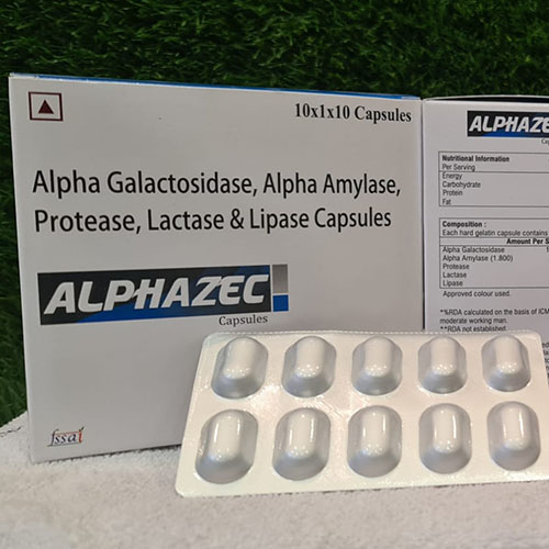 Product Name: Alphazec, Compositions of Alphazec are Alpha Galactosidase,Alpha Amylase,Protease,Lactose & Lipase Capsules - Medizec Laboratories